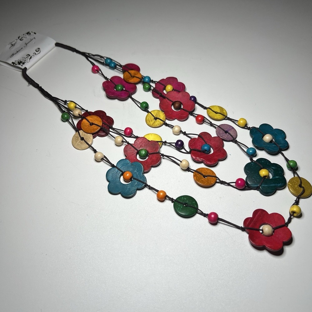 Vtg Vintage Bohemian Ethnic Multi Colored Wood Beads Flower Statement Necklace - Picture 2 of 4